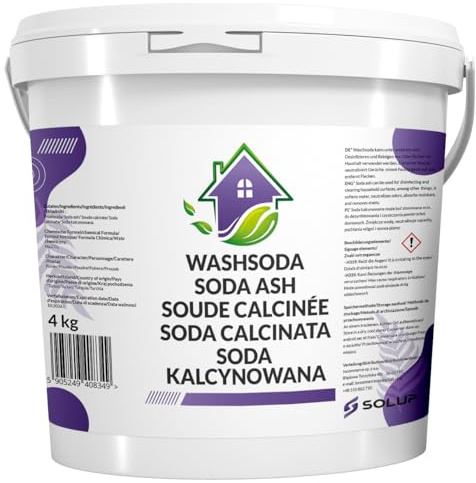 SOLUP Waschsoda Pulver Reine Soda zum Waschen Putzen Enthärten 4 kg Eimer | Waschsoda Pulver | Reine Soda im 4 kg Eimer | Vegan | Wasserenthärter für Wäsche | Löst Fett und Flecken in Küche und Bad