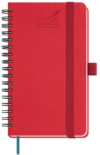 BEZEND Taschenkalender 2026 Klein Ringbuch 15,5 x 9 cm | Kalender 2026 Buchkalender 1 Woche 2 Seiten mit 80 g/m² Papier | Terminplaner 2026 Wochenplaner A6 mit PU-Leder Softcover - Rot