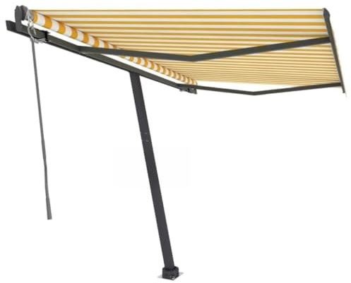 HaoChrymec Automatische Standmarkise mit Pulverbeschichtetem Aluminiumrahmen, Sonnenschutz für Balkon, 360° drehbarer Standfuß, Markise Einziehbar, Klemmmarkise Balkon, Gelb/Weiß, 350 x 250 cm