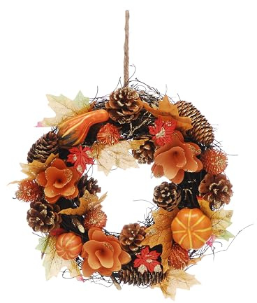 Festive Productions 30cm Autumn Wreath with Orange Flowers, Pumpkins, Leaves & Pinecones – Seasonal Door Decoration for Autumn & Halloween