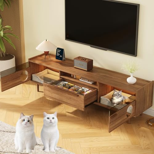 Moimhear Mueble para TV, armario de televisión con iluminación LED, con área de descanso para gatos, soportes, puertas de vidrio reforzadas con acero (sin cojín para gatos), color nogal (soporte para