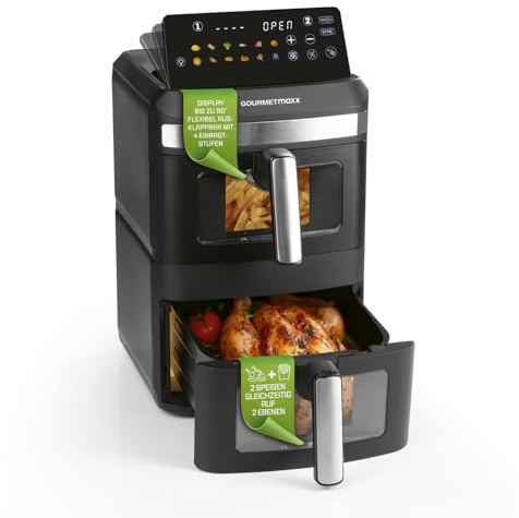 GOURMETmaxx FryUp XL vertikale Doppelkammer Heißluftfritteuse mit Sichtfenster - 12 L | Airfryer mit 9,6 Zoll Multi-Colour LED-Touchdisplay & 12 Programmen | Heißluftfritteuse 2 Kammern mit Oberhitze