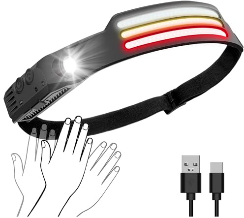 Stirnlampe LED Wiederaufladbar, 230° Weitwinkel IPX5 Wasserdichte Kopflampe mit Bewegungsensor & Rotlicht, 10 Modi Camping Lampe für Outdoor, Angeln, Wandern, Laufen, Notfall [Energieklasse A+++]