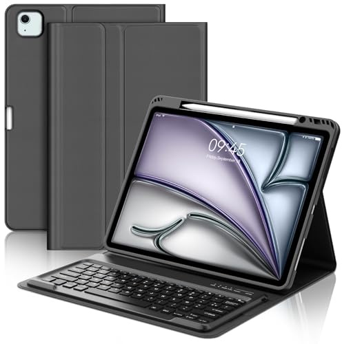 Coque Clavier pour iPad Air 13 Pouces (M4 2026, M3 2025, M2 2024) et iPad Pro 12.9 Pouces(6e/5e/4e/3e Gén), AZERTY Français Housse Clavier Bluetooth Magnétique Détachable avec Porte Crayon, Noir