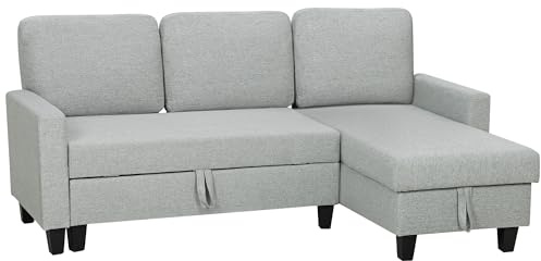 HOMCOM Divano Letto 3 Posti con Chaise Longue Convertibile, Divano Angolare con Vano Portaoggetti, Cuscini Sfoderabili in Tessuto Effetto Lino, per Soggiorno Salotto, 197x129x85 cm, Grigio Chiaro