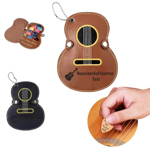 Personalisiertes Gitarrenplektren-Set Plektrum Halter, Benutzerdefinierte hölzerne 3 Plektren Guitar Gitarre Picks mit Namen, Logo, für Gitarristen & Bands Geburtstag Weihnachten (Plektren aus Leder)