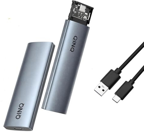 QINQ Box SSD M.2 NVMe USB 3.2 Gen 2 10 Gbps – Alluminio Grigio Scuro, Cavo USB-A a USB-C (0,3 m), Supporta 4 TB, Standby Automatico, Montaggio Senza Attrezzi