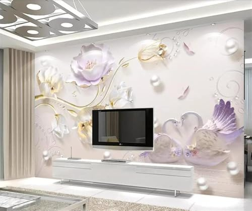 XLMING Relief Couple Cygne Violet Fleurs 3D Papier Peint Luxe Décoration Manger Adulte Intérieure Salon Canapé Chambre Fond TV Mur-150cm×105cm