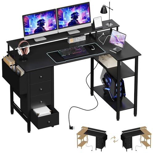 Yaheetech Corner Desk with Drawers, 120x70cm L Shaped Computer Desk with Power Outlets, Office Desk with Raised Monitor Stand, Reversible Storage Shelves for Home Office, Black