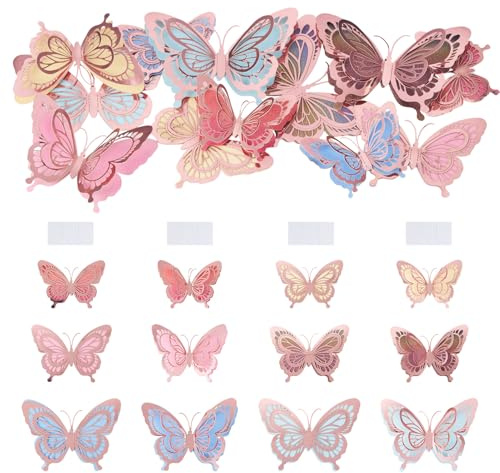 Lot de 12 autocollants muraux 3D en forme de papillon rose pour mariage, 3 tailles pour fête d'anniversaire, décoration murale esthétique, chambre à coucher, salle de classe