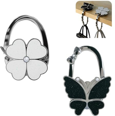 Vesavifaka Taschenhalter für Tisch – 2 Stück Schmetterling Faltbare Handtaschenhalter für Tisch, mit Kleeblatt-Design, Taschenhalter für Handtaschen, Geldbeutel Haken für fast überall