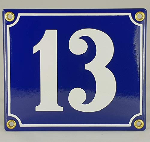 Hausnummer Emaille Schild Nr. 13 Blau-Weiß Handarbeit mit Schrauben und Dübel zur Montage