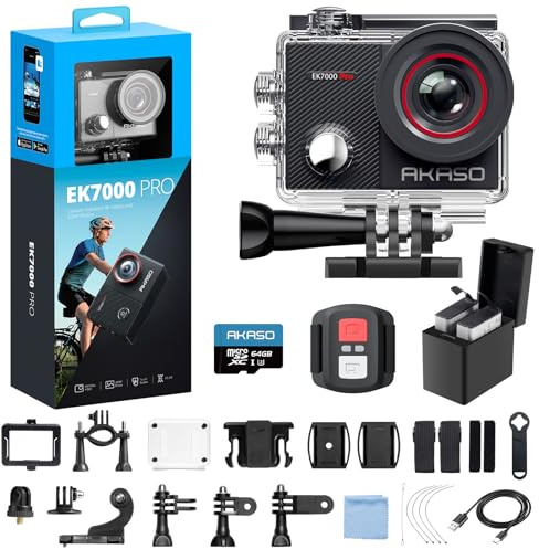 AKASO EK7000 Pro 4K30fps Action Camera with 64GB MicroSDXC U3 Memory Card Accessories Kit Bundle Ultra HD 131FT Waterproof Camera EIS WiFi Remote Control 5X Zoom Underwater Camera