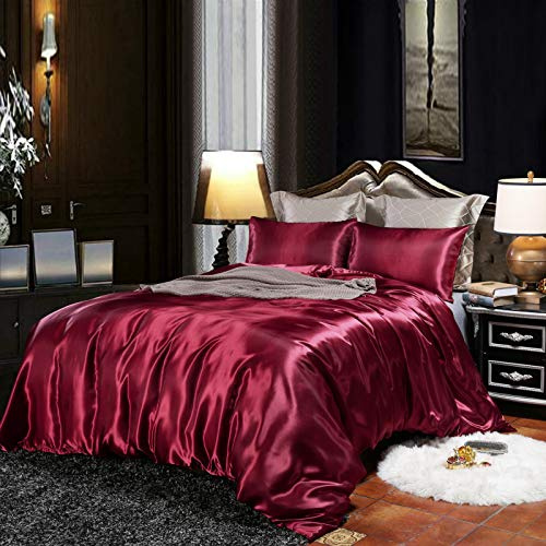 CoutureBridal Housse de Couette 200x200cm + 2 taie d'oreiller 65x65cm vin Rouge Parures de lit Ado Adulte 2 Personne Satin la Soie Lisse Linge de lit