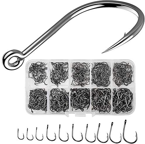 LWZko 500 Stück Fischhaken, Kohlenstoffstahl Angelhaken, Meeresangeln Haken, 10 Größen (Silber)