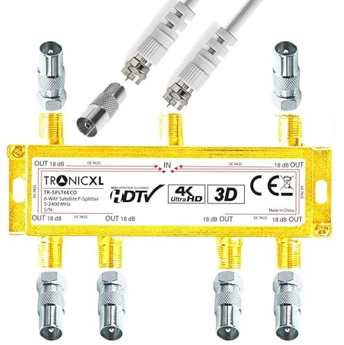 TronicXL 4K 6-fach Antennenverteiler 3D HD tauglich IEC Verteiler TV SAT Splitter 6fach F-Stecvker + Kabel + Koax Adapter für Kabelfernsehen DVBC DVBT2 zb kompatibel mit Unitymedia Vodafone CATV