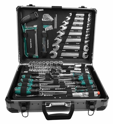 Brüder Mannesmann Alu-Werkzeugkoffer, 133-teilig - Werkzeugset mit Werkzeug aus Chrom-Vanadium-Stahl - inkl. Schraubendreher, Zangen, Gabelschlüsselsatz, Spannungsprüfer, Stecknüsse & Bits | M29079