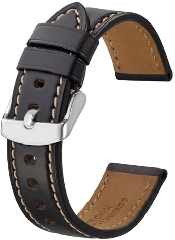 BISONSTRAP klockarmband 18 mm 19 mm 20 mm 21 mm 22 mm 23 mm 24 mm, premium läder klockarmband för män och kvinnor, Svart/silverspänne, 20mm, Armband, avslappnat