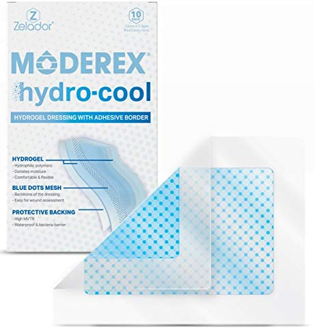 Moderex Hydrocool Hydrogel-Kompressen für trockene Wunden, sekundäre Verbrennungen und regenerierendes nekrotisches Gewebe (10 x 7,5 cm x 10 mit Rand)