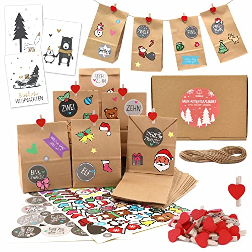 OWLBOOK® Adventskalender zum Befüllen | Adventskalender 2025 Tüten | Weihnachtskalender zum befüllen | 24 Papiertüten mit Aufkleber Schnur und Klammer | Geschenktüten zu Weihnachten