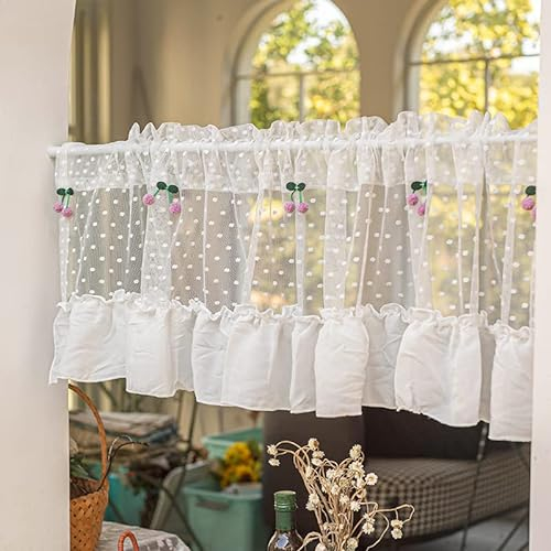 Devola Cáfe Scheibengardine Romantisch Spitze Bistrogardine transparente Flächenvorhang mit Rüsche Heimdekoration Flächenvorhang Küchen Vorhang Landhausstil Kurzstore BxH 200x40cm Weiß 1er Pack