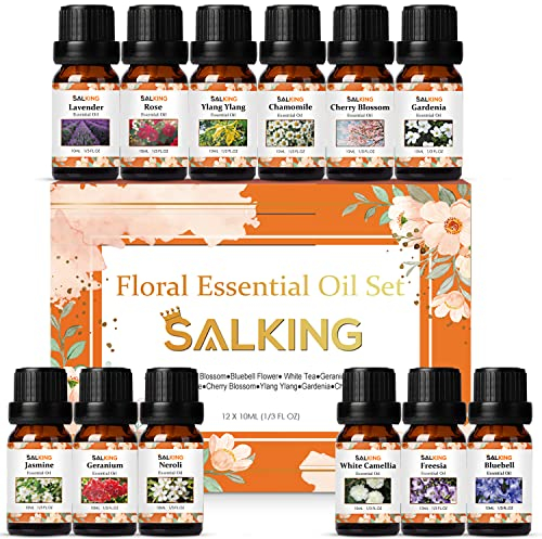 SALKING Ätherische Öle Set, 12x10mL 100% Bio Duftöl GeschenkSet für Diffuser, Lavendel, Rose, Ylang Ylang, Gardenie, Kamille, Jasmin, Geranie, Neroli, Glockenblume, Freesie, weiße Kamelie, Kirschblüte