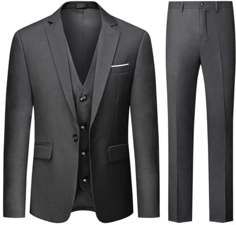 Allthemen Herrkostym med 3 delar, slim fit, enkelknäppt bröllops-/affärskostym, kavaj, väst och byxor, GRÅ, L