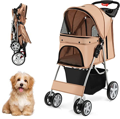 COSTWAY Poussette pour Chien Pliable à 4 Roues Charge 15KG, Chariot pour Chat Portable avec Panier de Rangement Fenêtre en Maille, pour Animaux de Compagnie Moins de 40,5CM (Beige)