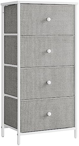 SONGMICS Chest of Drawers Bedroom, Drawer Storage Unit, Dresser with 4 Fabric Drawers, Metal Frame, Tall and Slim, for Closet, Dove Grey and Cream White LTS314L10