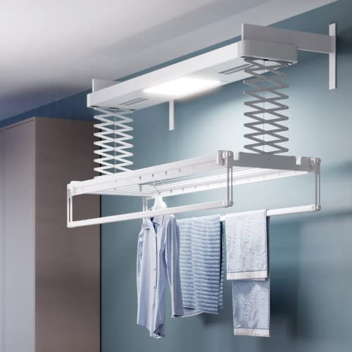 Foxydry Pro, elektrischer wandwäschetrockner, mit warmluft, 160 cm | platzsparend, aus aluminium, ferngesteuert, motorisiert, für bettwäsche, LED-beleuchtung, trägt 35 kg, grau