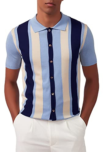Kallspin Hombres Polo de Punto Vintage Manga Corta Rayas Botón Abajo Camisas de Golf de Punto(Azul,S)