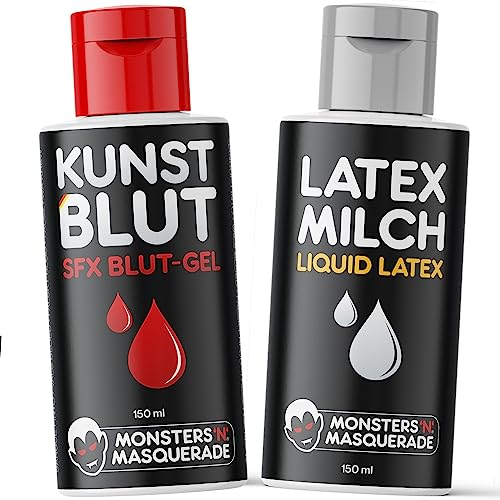 Monsters'n'Masquerade® – HALLOWEEN SFX SET | Profi Kunstblut 150ml + Latexmilch 150ml | Profi-Schminke Makeup für Fasching, Karneval, Gruselparty & Co