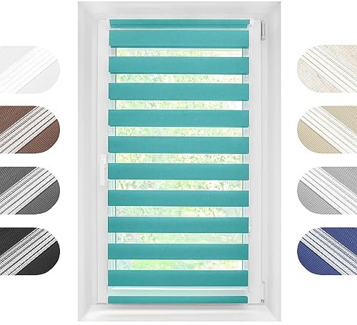 Birrke® Doppelrollo Ohne Bohren/Mit Bohren 2in1 45 x 150 cm - Tag und Nacht Duo Rollo für Sonnenschutz und Sichtschutz - Doppel Rollo - Einfache Montage Türkis