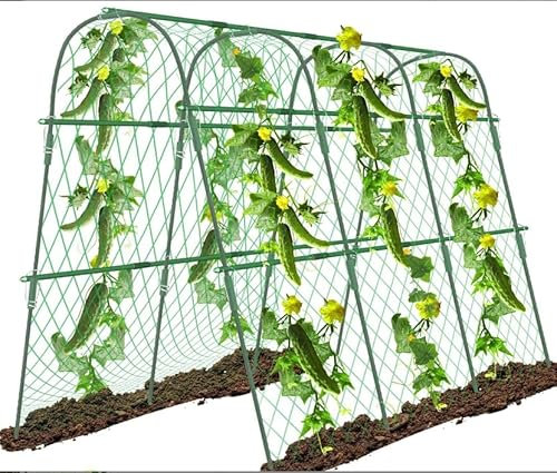GELIMY U-Shaped Garden Trellis for Cucumbers & Tomatoes, Heavy Duty Metal Raised Bed Support Frame with Net & Clips, Outdoor Climbing Plant Arch