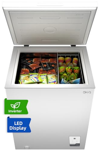 CHiQ Gefriertruhe FCF142DE,142 L Inverter-Gefrierschrank, EEK E, 4 Sterne Gefrierfach, 83,5 cm hoch, Einstellbarer Temperaturregler, Starke Gefrierleistung, 12 Jahre Garantie auf den Kompressor, Weiß