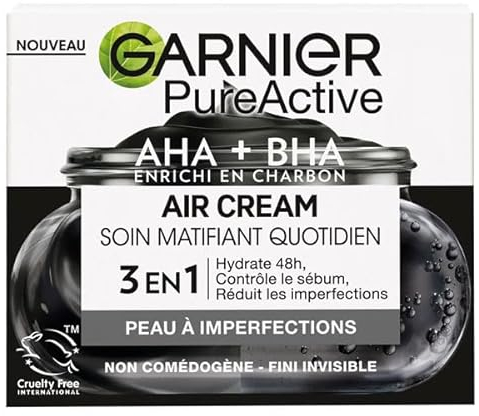 Garnier Pure Active - Air Cream - Soin Matifiant Quotidien - Enrichie en AHA + BHA & en Charbon - Hydrate 48h & Matifie 12h* - Peaux Mixtes à Grasses à Tendance Acnéique - 50 ml