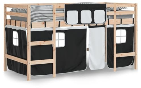 vidaXL Kinderhochbett, Hochbett mit Leiter Vorhängen, Spielbett Bett für Kinder ab 6 Jahren, Kinderbett Etagenbett Stockbett, Weiß Schwarz Massivholz Kiefer