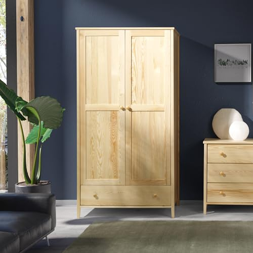 Meble Doktór Kleiderschrank Colorado aus Holz 188x98x60 cm mit Schubladen - Groß Kleiderschrank - mit Kleiderstange - für das Schlafzimmer - Zur Garderobe und Halle - Lackierte Naturkiefer