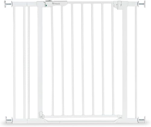 hauck Trappskyddsgaller, dörrskyddsgaller, klart, steg 2 inkl. 9 cm förlängning för bredder 84–89 cm, ultratunn tröskel, utan borrning, enhands dubbelsidig öppning, metall (vit)