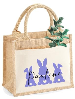 AMBERGER DESIGN Jute-Tasche Osterkorb Kinder-Geschenk Motiv: 3 Hasen mit Name bedruckt | Jute-Beutel Gr. S/M/L Kinder-Osternest Osterkorb