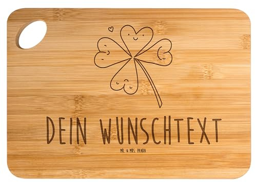 Mr. & Mrs. Panda Frühstücksbrett mit Gravur Blume Kleeblatt - Personalisierte Geschenke, Motivation, Garten, Glück, Brettchen, Glücksbringer, Vesperbrett, Schneidebrett, graviert, Neuanfang, Umzug