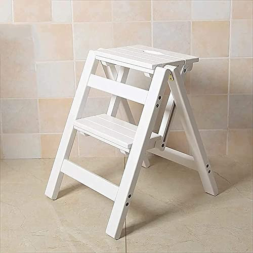 Tritthocker, Klapptritthocker aus Holz, tragbarer Leiterstuhl, multifunktionaler Trittleiter/Treppenstuhl für die Heimbibliothek, 2/3 Stufen (weiß, 2-lagig)