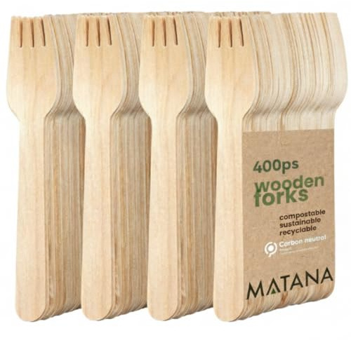 MATANA 400 Premium Wooden Forks – 16 cm Birch Wood, Smooth & Splinter-Free, Plastic-Free Party Cutlery for BBQs, Picnics, Weddings & Catering - Compostable and Biodegradable