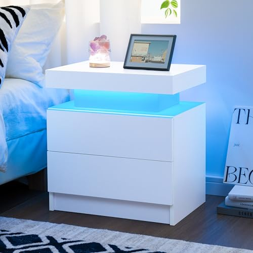 Cubehom Nachttisch 2er Set Weiß Beistelltisch mit LED Modern Nachtschrank mit 2 Schubladen für Wohnzimmer, Schlafzimmer
