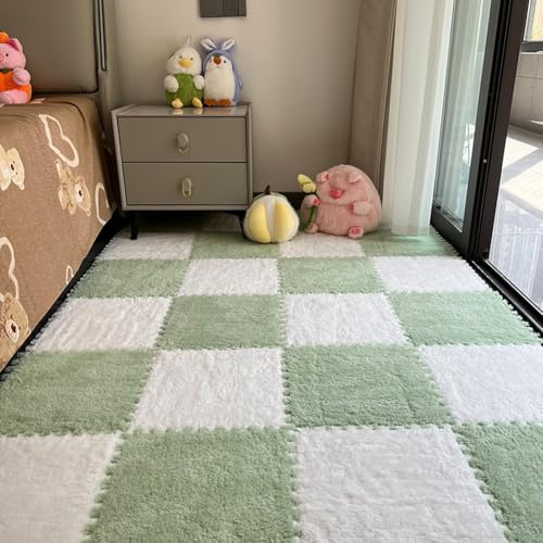 10Pcs Foam Play Mat 30x30cm Plush Square Interlocking EVA Foam Floor Tiles,Anti-Slip Play Area Rug Living Room Bedroom Gym Floor Protector (White Green,1cm Thick)