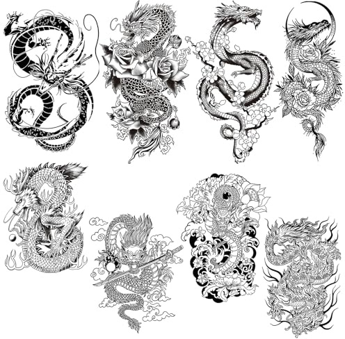 8 Blatt Drache Temporäre Tattoos Herren Damen Männer Frauen Klebetattoos Erwachsene Arm, Wasserfest Langlebige Realistisch Tribal Totem Drachen Tattoos Fake Tattoo Aufkleber Drachen