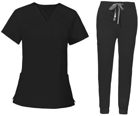 Dickly Uniformen, OP Set mit Taschen, Krankenschwesteroberteil Und Hose, Herren Und Damenkleidung, Bequeme Krankenpflege Arbeitsanzüge für Die Kosmetik, Da, schwarz s, Universal-