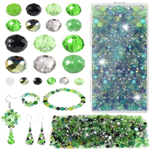 1020pcs Glass Beads for Jewellery Making Green, 4 6 8mm Crystal Beads | for Stringing, Faceted Pearls for Crafting, 8 Colours of Glass Bead for Bracelet Earrings Bead Curtain Pendant Making