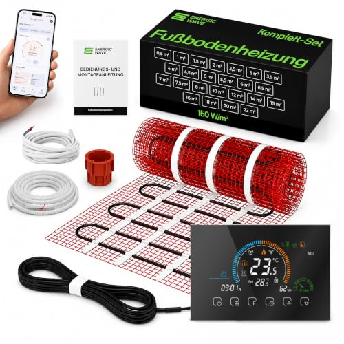 Elektrische Fußbodenheizung 150 W/m² – Heizmatte Komplettset mit WLAN-Thermostat, Fußbodenheizmatte für Fliesen, Steinzeug, Steinböden – 5m²