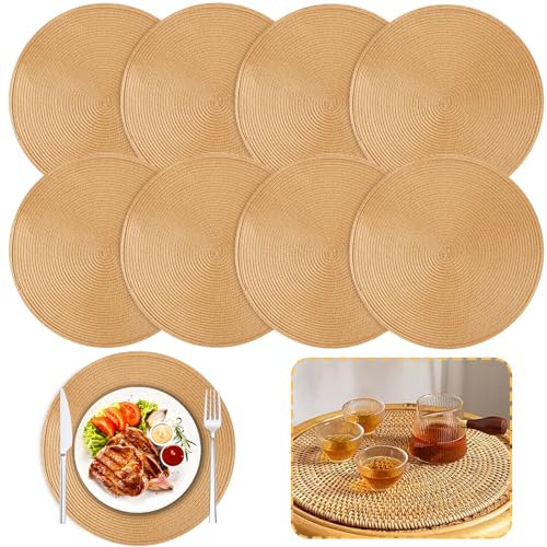 DAJAVE 8er Set Platzsets Rund Abwaschbar 38cm Gold Geflochten Boho Style Hitzebeständig Gold